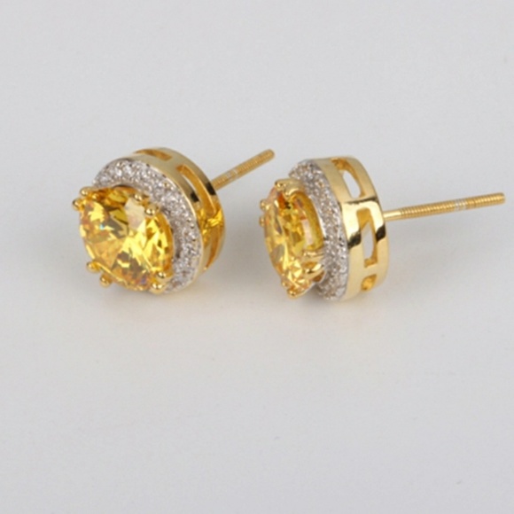 Iced Out Custom Studded Yellow Gem Stone Earrings - Picture 3 of 4